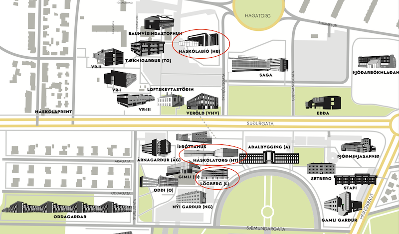 Map of University of Iceland with venues marked